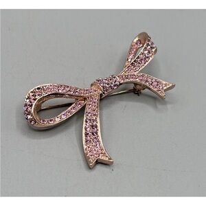 Vintage KJL Kenneth Jay Lane Pink Rhinestone Brooch Ribbon Bow Rose Gold Tone